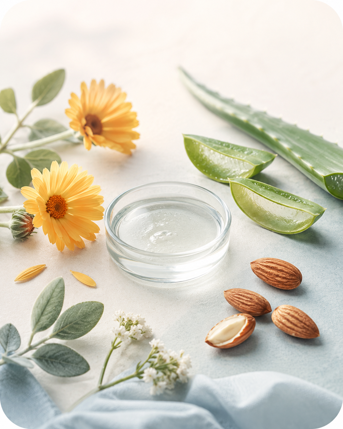 Ingrédients naturels : calendula, amandes, aloe vera et feuilles
